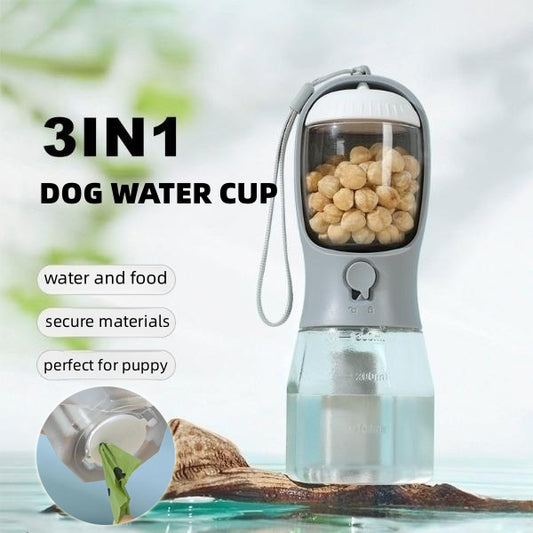 3-in-1 Portable Pet Travel Bottle: Water & Food Feeder with Garbage Bag