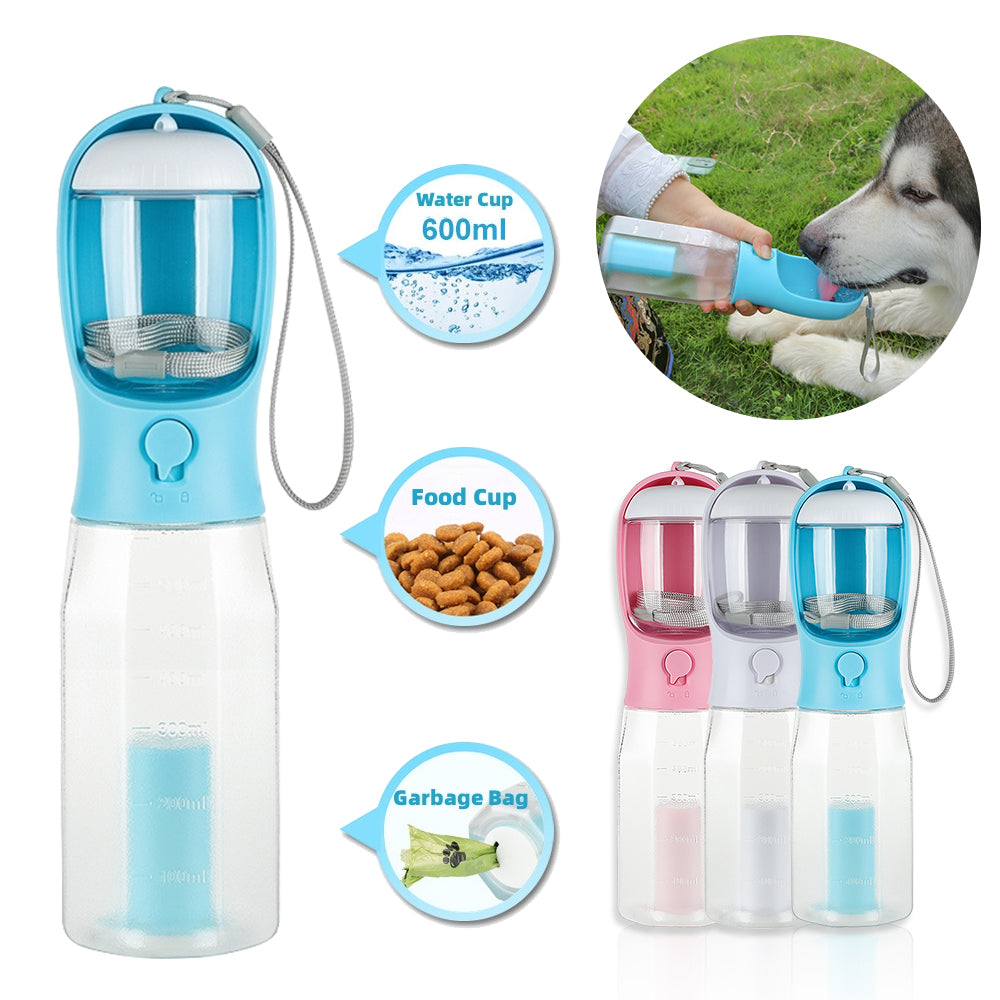 Ultimate 3-in-1 Portable Pet Travel Bottle – Water, Food & Poop Bags in One! 🐾